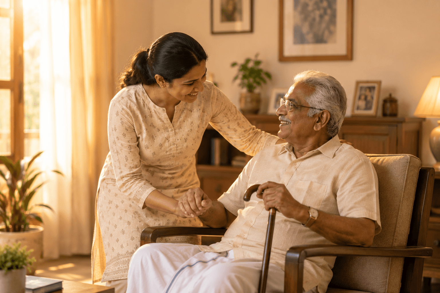 Caregiver supporting an elderly patient at home